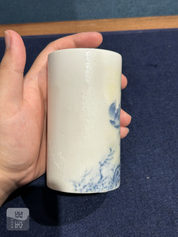 民国 王步竹溪款青花花鸟笔筒 - 图5